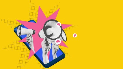 Wall Mural - Hands with three megaphones stacking out phone screen symbolizing importance and relevance of usage social media for bran promotion. Stop motion, animation. Digital marketing, online services concept
