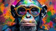 © Lens Legacy - An imaginative and colorful splatter art piece featuring an abstract portrayal of a monkey wearing orange sunglasses, with vibrant and energetic paint splashes in the background.