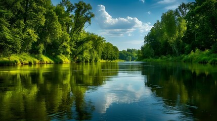 Wall Mural - The river bank with thick green trees