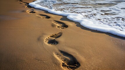 Wall Mural - Deep footprints on the sandy shore indicate image