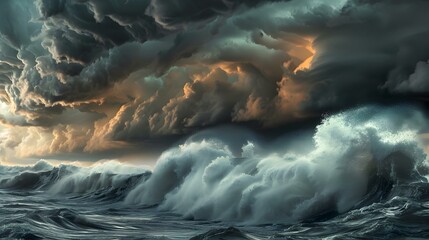 Wall Mural - A thunderstorm over the ocean with waves churning picture