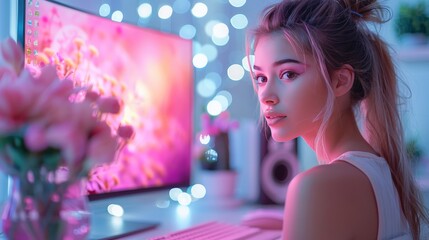 Desktop pc with flowers on screen on desk.