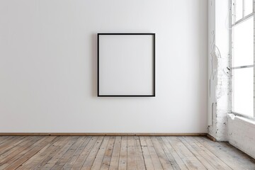 Minimalist interior with blank frame on white wall and wooden floor