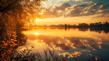 Wall Mural - The golden sky at sunset reflected