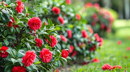 Sticker - Camellia with bright red flowers decorating a garden img