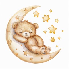 Sticker - watercolor, cute teddy bear sleeping on the moon with stars clip art set