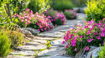 Wall Mural - Shrubs with bright pink flowers growing along image