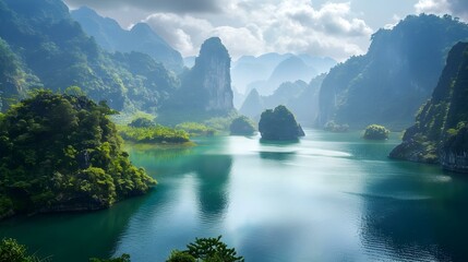 Wall Mural - Shimmering water lagoons surrounded by lush green forests