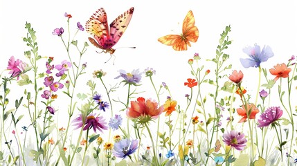 Sticker - watercolor wildflowers and butterfly, white background