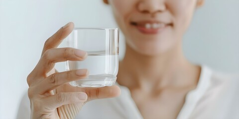 Wall Mural - Woman holding glass of liquid collagen for skin care and vitamins. Concept Skincare, Liquid Collagen, Supplements, Beauty Routine, Healthy Lifestyle