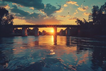 Wall Mural - Stunning Sunset Over a Tranquil River with a Bridge Silhouette