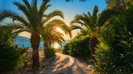 Wall Mural - Palm trees and green trees form a picturesque image