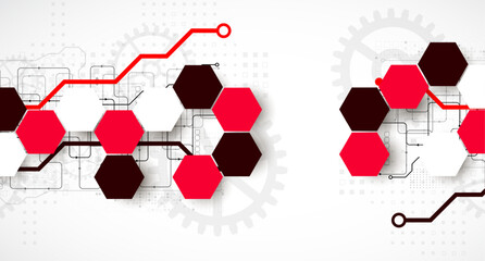 Poster - Gear wheel technology background with hexagons. Hand drawn vector.