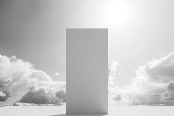 Minimalist white rectangular monolith in a surreal cloudy dreamscape