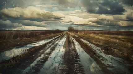 Wall Mural - A field road dotted with ruts after heavy