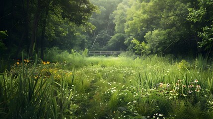 Wall Mural - A clearing with tall green grasses and wildflowers img