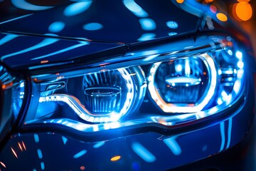 Wall Mural - Close-Up of Modern Car Headlights with Vibrant Blue LED Lights