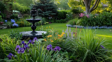 Canvas Print - Garden mixborder with a variety of ornamental grasses