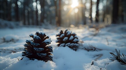 Poster - Pine cones covered with fresh snow lie image