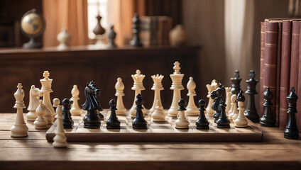 Poster - International chess day, a chessboard with various white and black chess pieces mid game, placed on an antique wooden table with background is slightly blurred