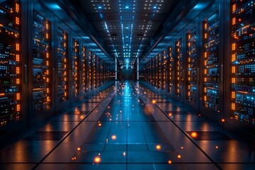 Wall Mural - A long hallway filled with rows of servers and bright lights.
