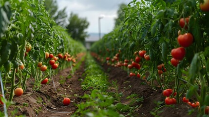 Sticker - A tomato plantation the green bushes of which image