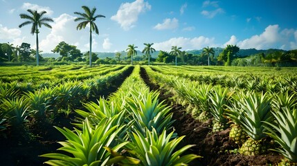 Poster - Pineapple fields and green bushes with large fruits