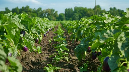 Wall Mural - Fields of eggplants green bushes with purple fruits img