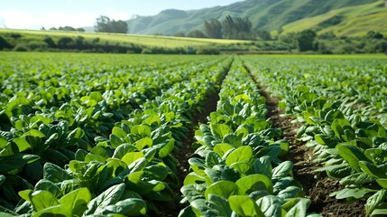 Sticker - Fields of green spinach carefully planted in rows picture