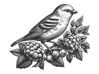 Wall Mural - bird perched on a branch with berries and leaves, detailed in a vintage style sketch engraving generative ai vector illustration. Scratch board imitation. Black and white image.