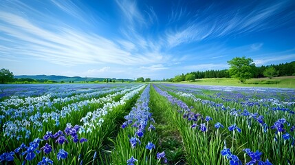 Wall Mural - Fields of iris and bright blue and purple