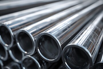 Sticker - shiny metal pipes stacked in a warehouse