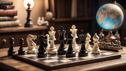 Poster - International chess day, a chessboard with various white and black chess pieces mid game, placed on an antique wooden table with background is slightly blurred