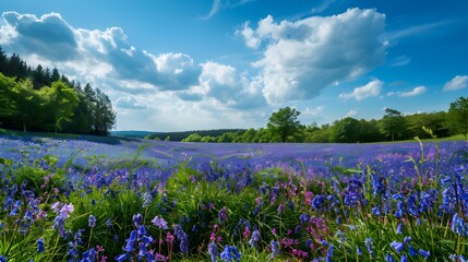 Poster - Fields of bluebells and bright blue and purple image