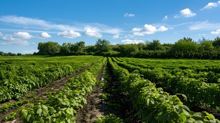 Wall Mural - Gooseberry fields and bushes with green berries grow image