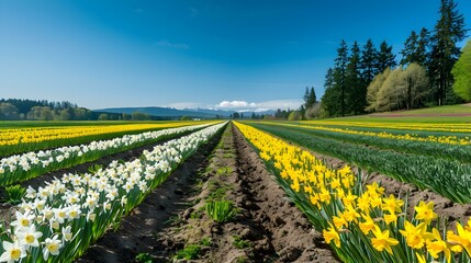 Poster - Fields of daffodils yellow and white flowers grow img