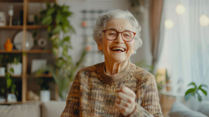 Happy retired elderly woman in glasses having fun at home, dancing to music in modern apartment, looking at camera with toothy smile, posing for portrait, laughing