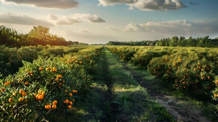 Wall Mural - Fields of sea buckthorn bushes with bright orange picture