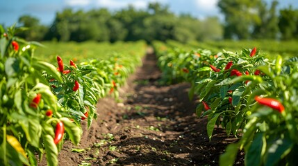 Poster - Fields of chili peppers bushes with bright red img