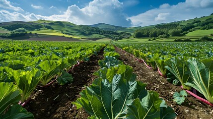 Wall Mural - Fields of rhubarb large green leaves grow image