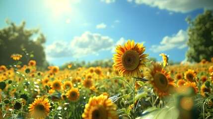 Poster - A sunny meadow with blooming sunflowers their bright