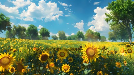 Sticker - A sunny meadow with blooming sunflowers their bright img