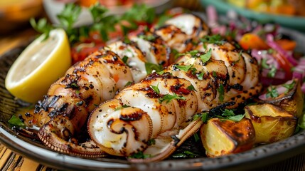 The grilled squid is juicy and tender cooked picture