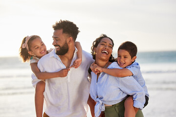 Poster - Family, children and beach smile or piggyback, sea and happiness on summer vacation in nature together. Playful, carrying and parents for support, love and weekend break for bonding with kids