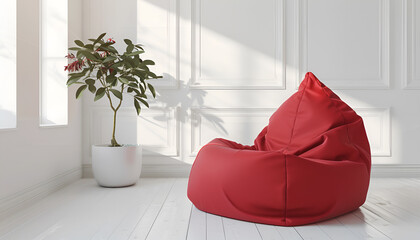 Wall Mural - Red bean bag chair on white wooden floor in modern white room