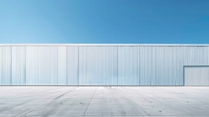 Wall Mural - Minimalist background with a blue sky and a white warehouse wall