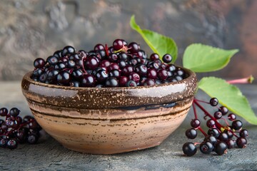 Canvas Print - Fresh Elderberries in a Rustic Ceramic Bowl