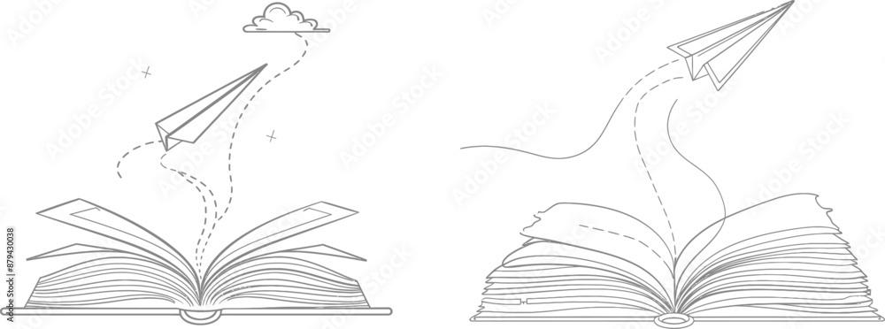Hand drawn sketch of flying paper plane and open book. Continuous ...