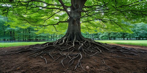 A large, majestic tree with its intricate root system partially exposed above the ground. 