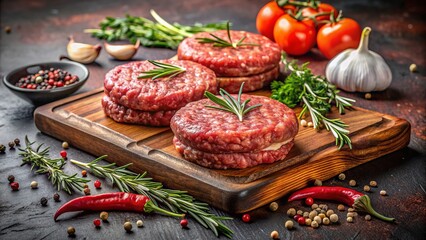 Freshly prepared raw hamburger patties garnished with spices on a rustic brown board against a dramatic black textured background.